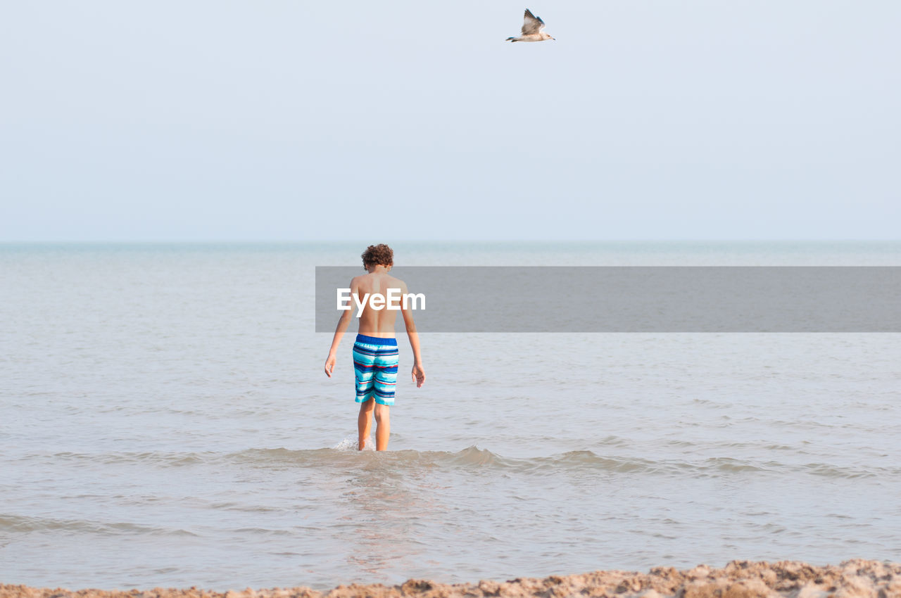 Rear view of shirtless boy standing in sea against clear sky