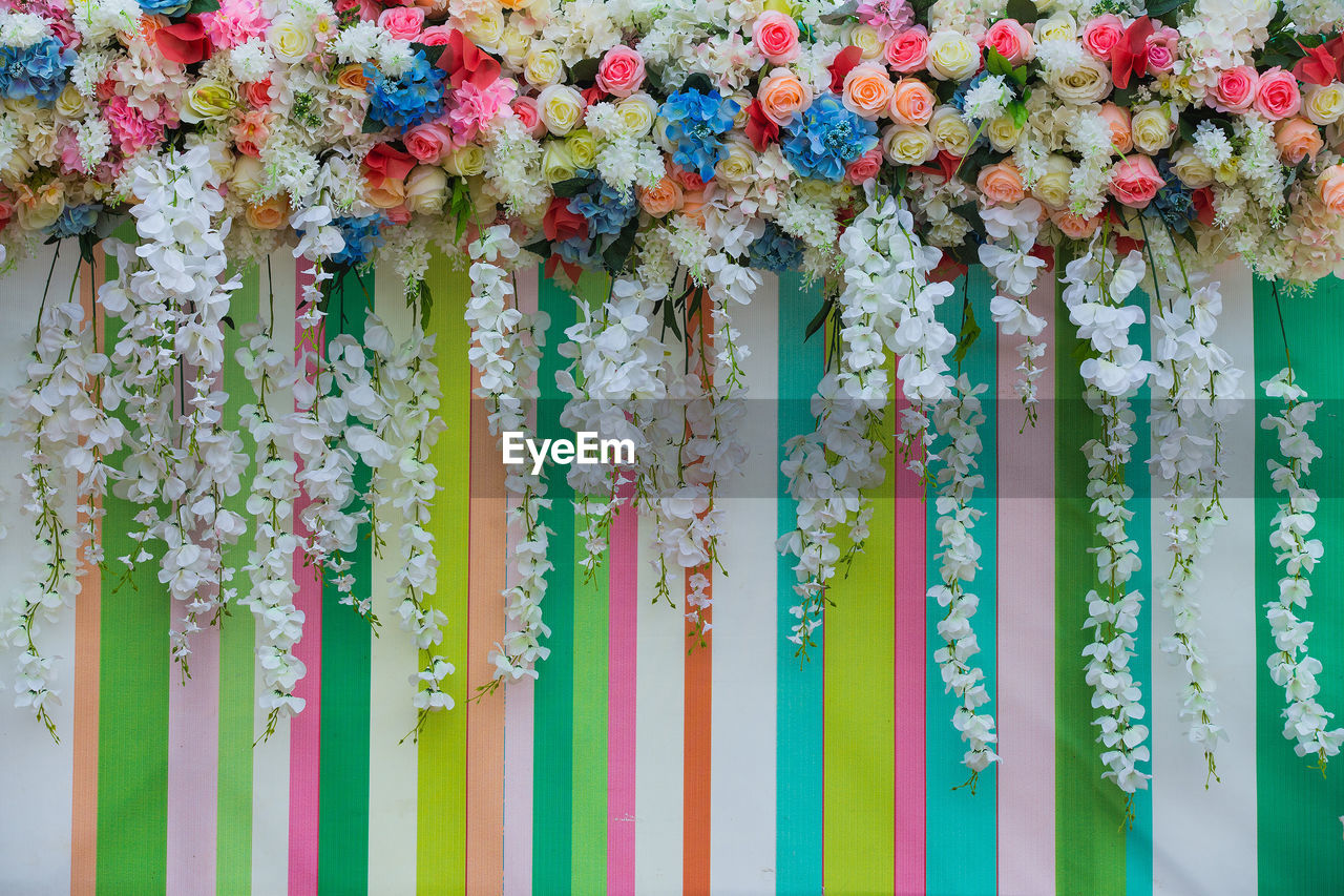 LOW ANGLE VIEW OF FLOWERING PLANTS HANGING IN MARKET