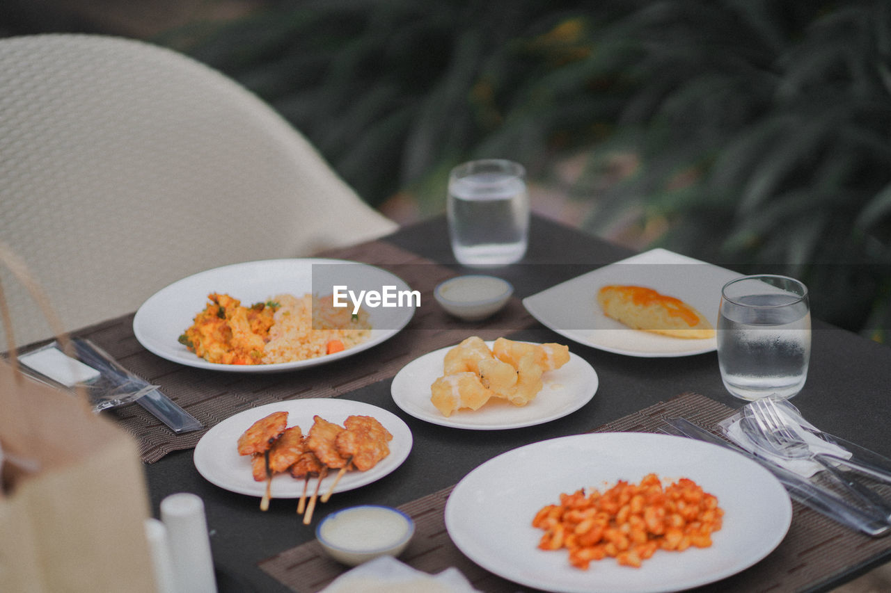 High angle view of breakfast served on table