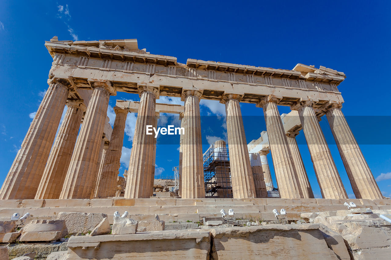 Marbles and columns of the southern side of the parthenon in the acropolis, athens, greece