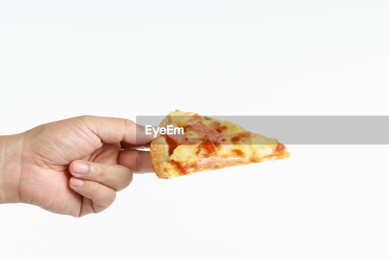 CROPPED IMAGE OF HAND HOLDING PIZZA OVER WHITE BACKGROUND