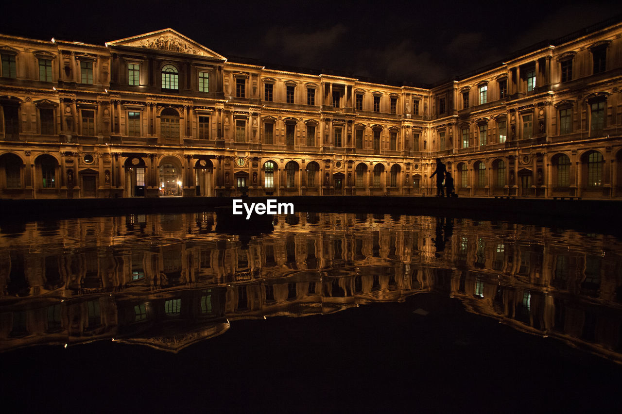 REFLECTION OF ILLUMINATED BUILDING IN WATER AT NIGHT