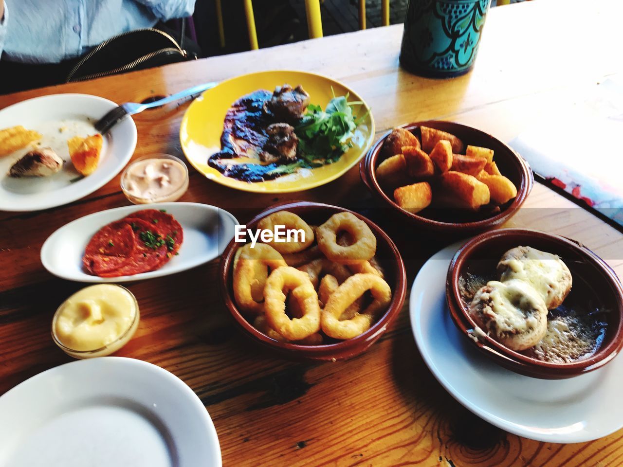 High angle view of food served on table