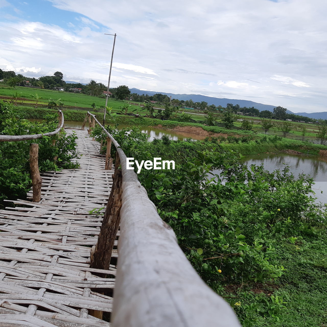 WALKWAY AMIDST FIELD AGAINST SKY