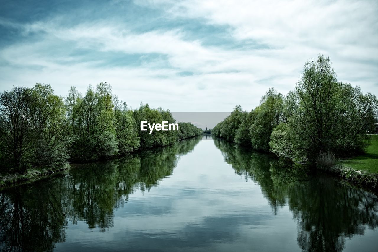 Reflection of trees in lake against sky