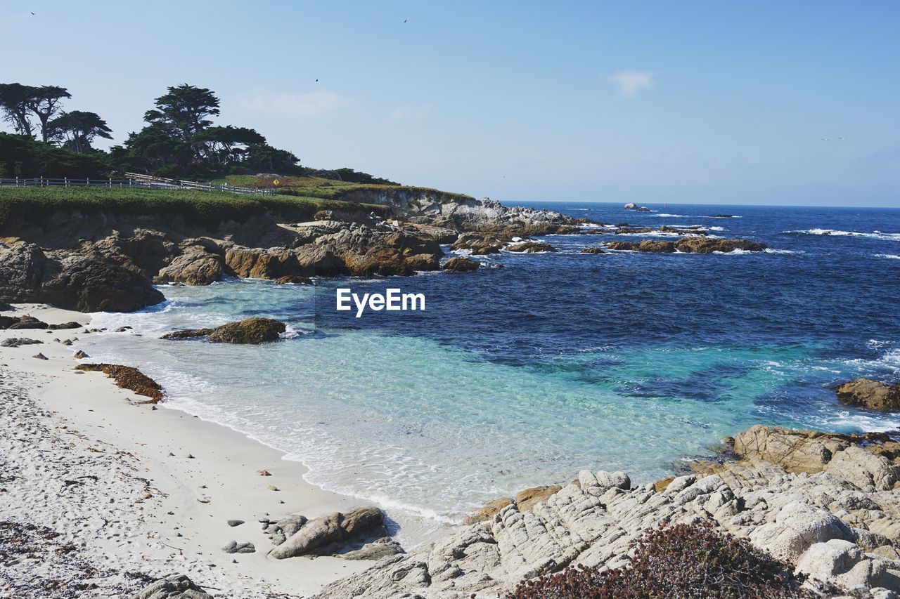 SCENIC VIEW OF SEA BY ROCKS AGAINST SKY