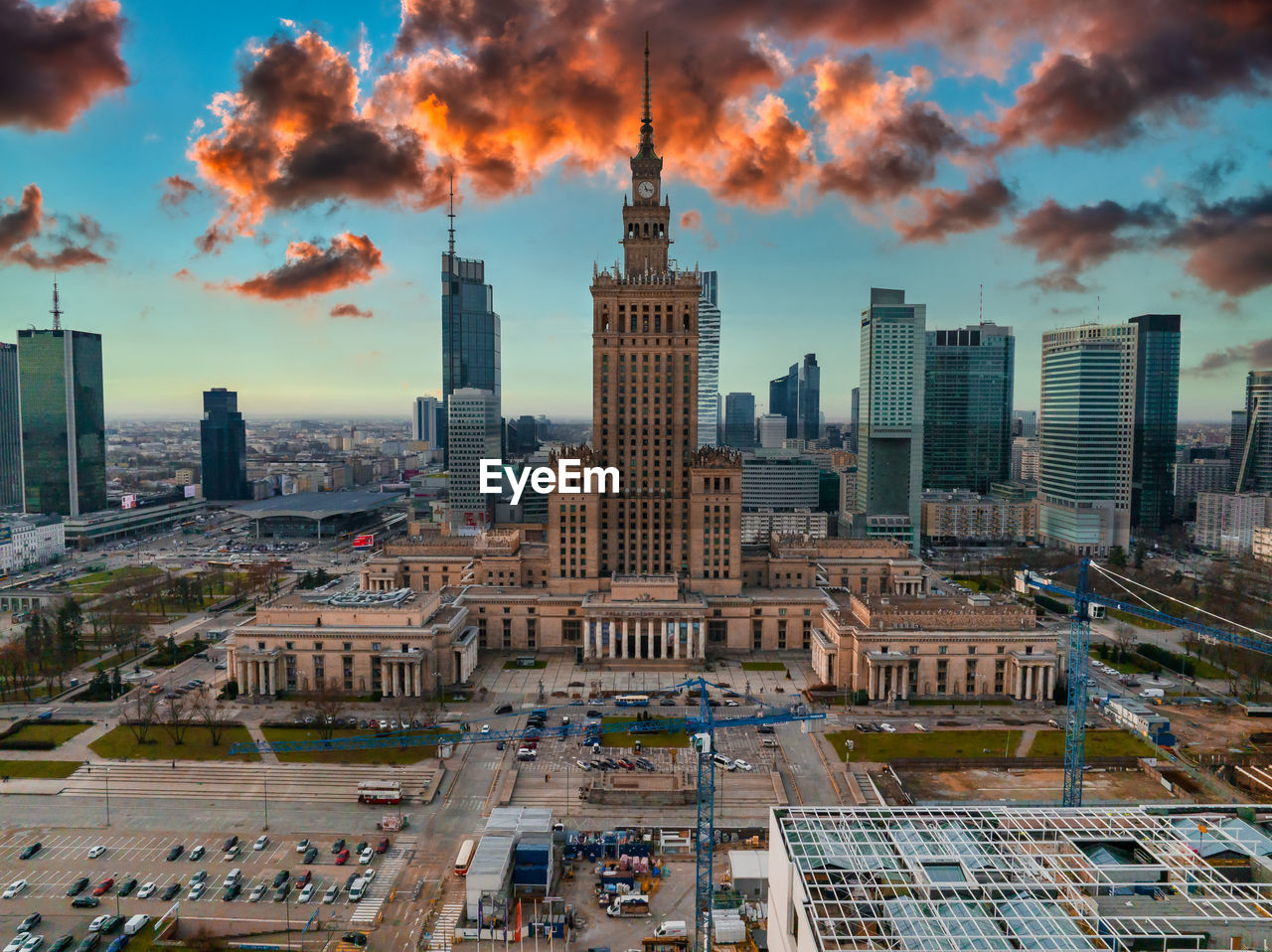 Aerial view of palace of culture and science and downtown business skyscrapers in warsaw