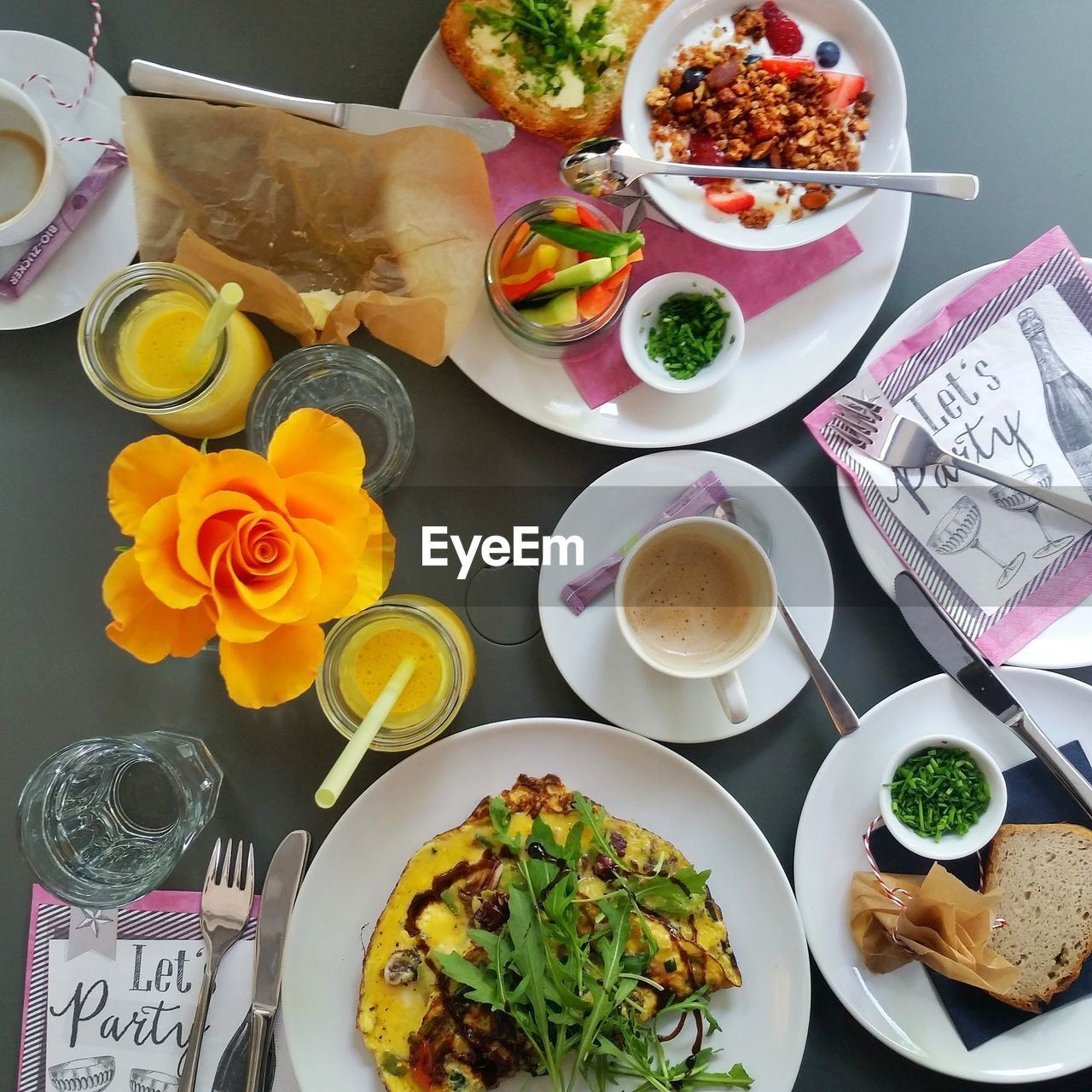 High angle view of breakfast served on table