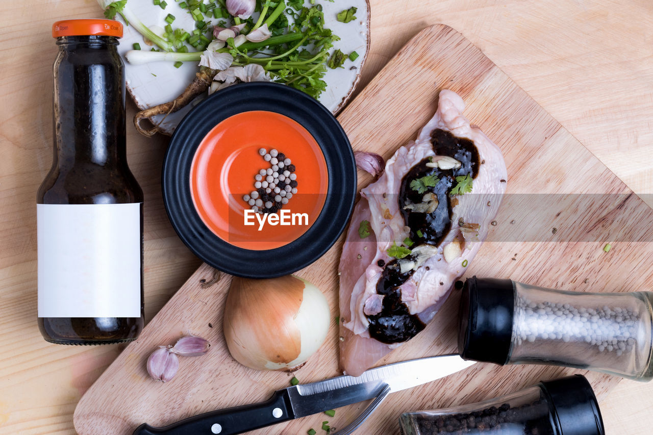 High angle view of chicken being prepared