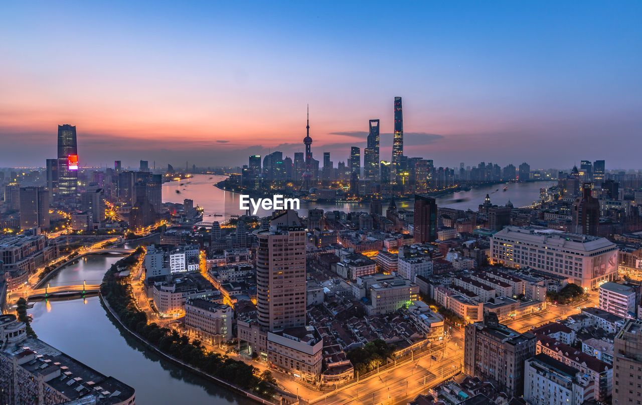 High angle panoramic shanghai cityscape at dusk