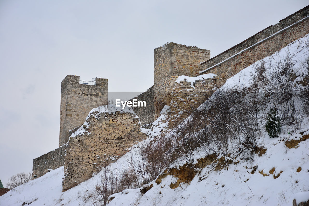 Low angle view of castle against sky during winter