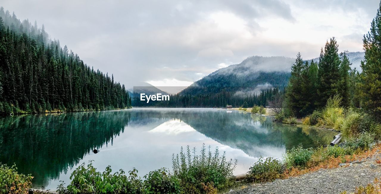 Scenic view of lake and mountains against sky