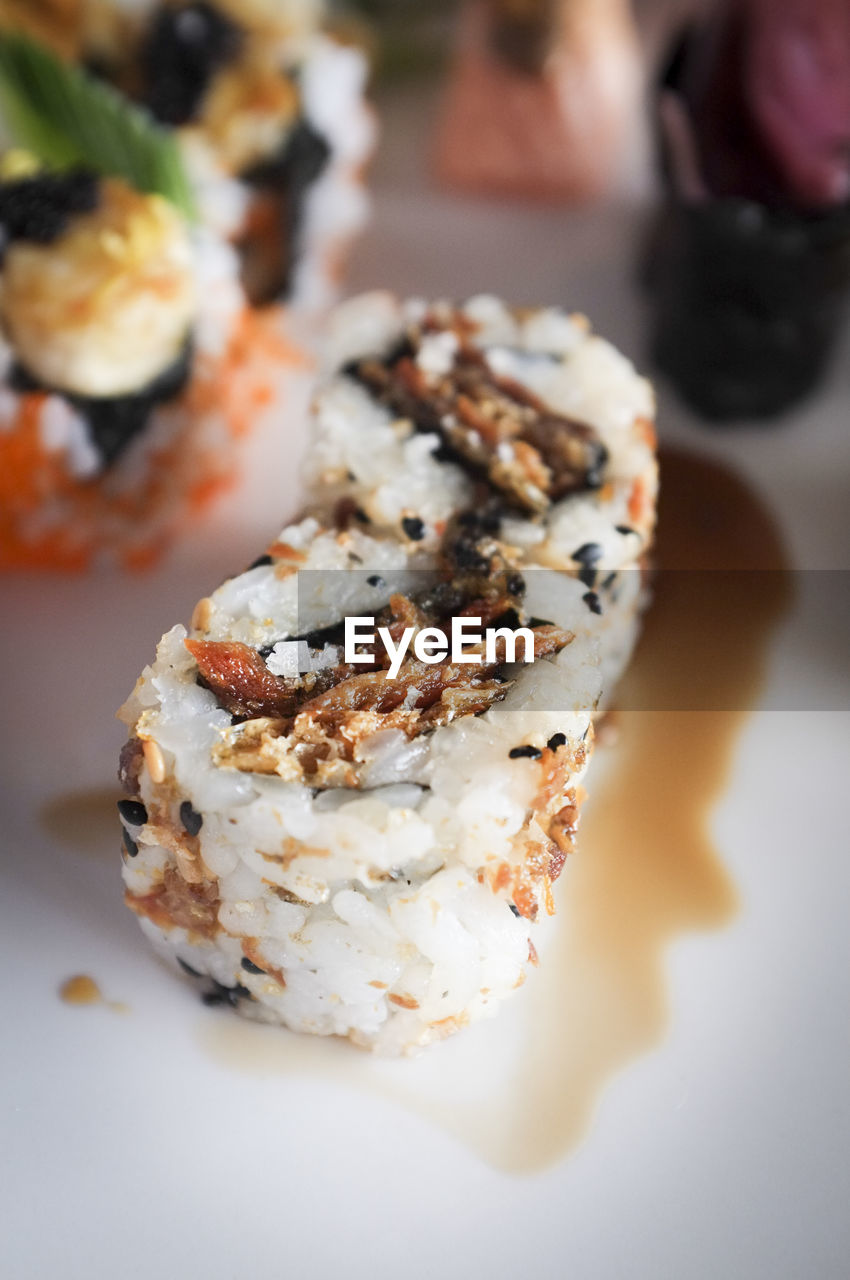 Close-up of sushi served in plate