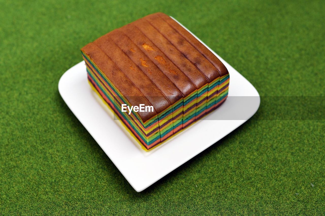 High angle view of rainbow cake