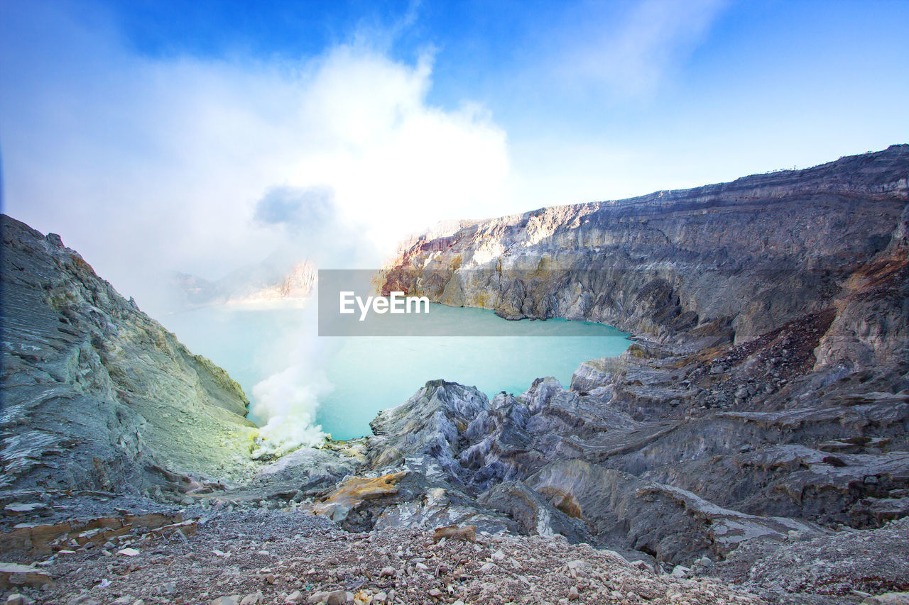 Ijen crater, turquoise lake from kawah ijen volcano in east java, indonesia