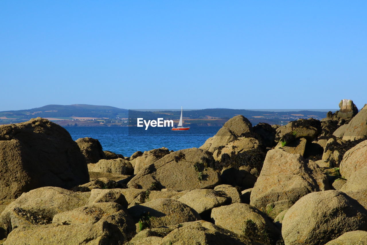 Scenic view of sea against clear blue sky