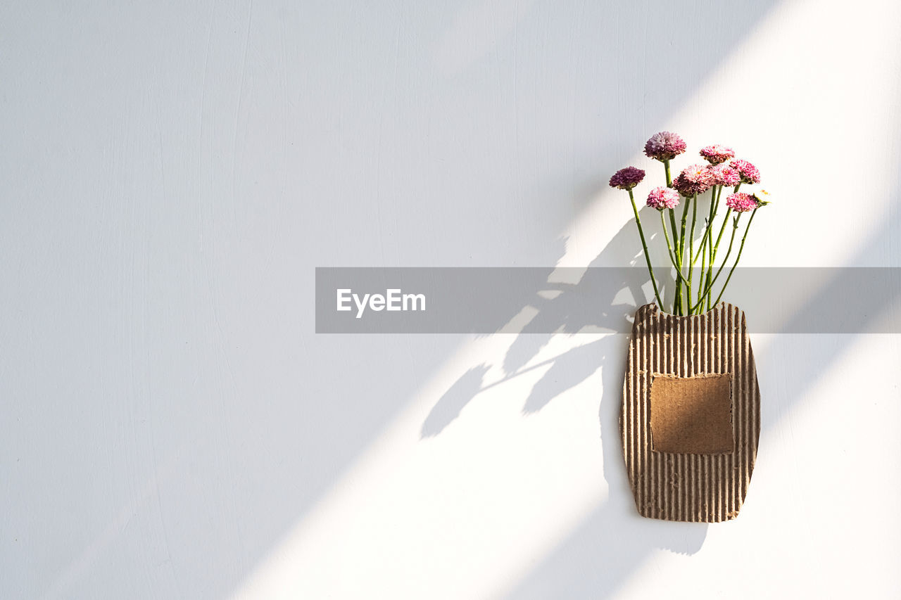 Small bouquet of flowers in cardboard vase.