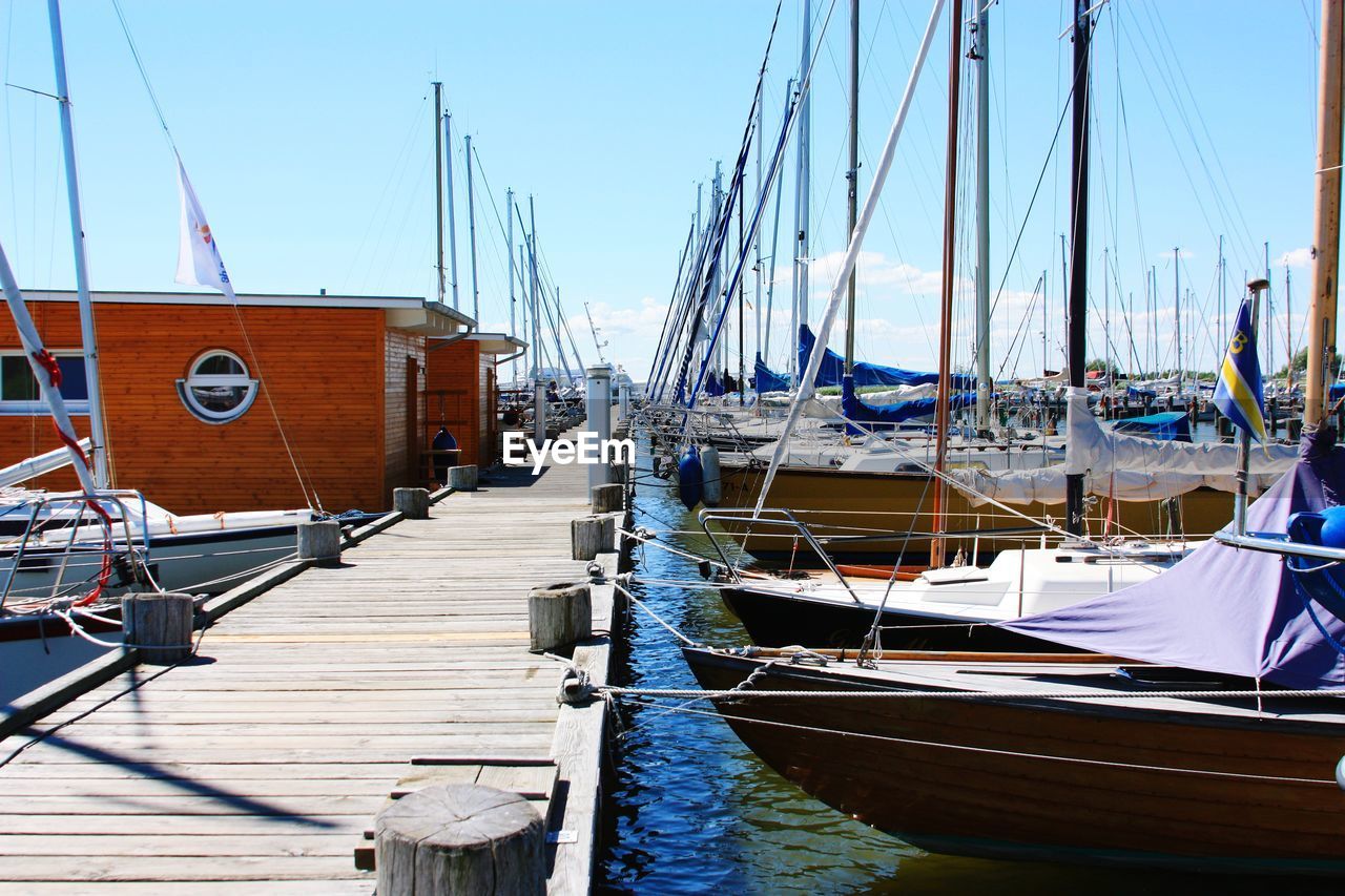 SAILBOATS MOORED ON SEA AGAINST CLEAR SKY