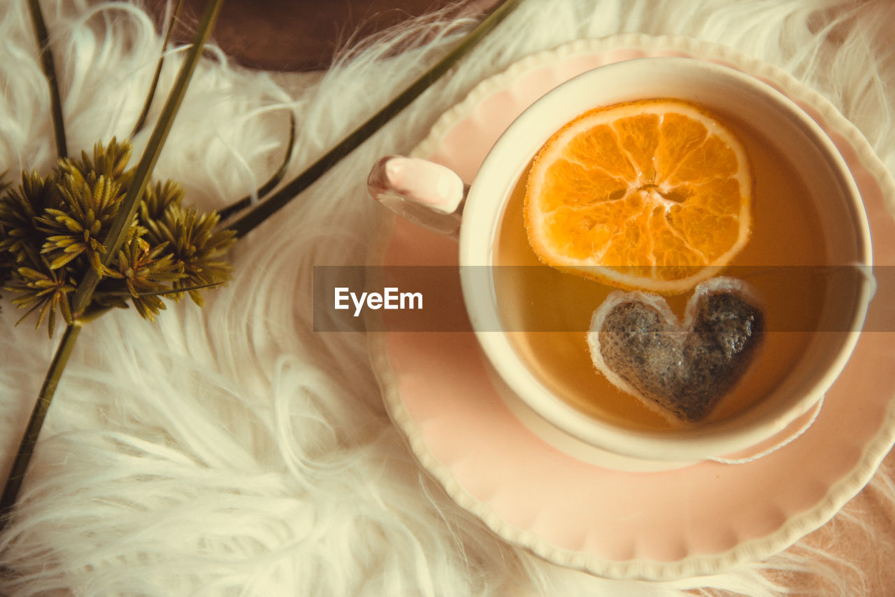 High angle view of tea cup on table