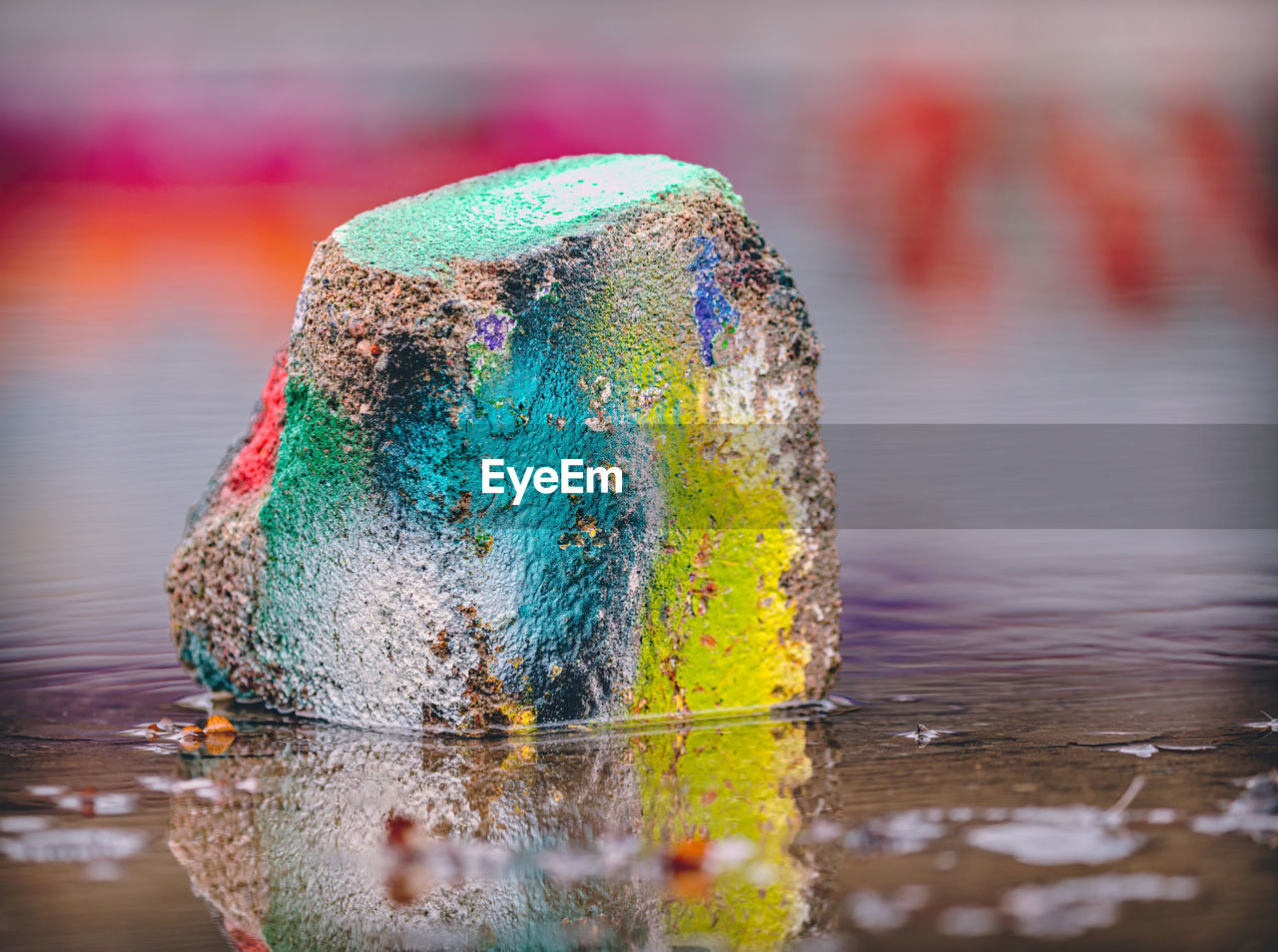 Close-up of multi colored painted rock in puddle 