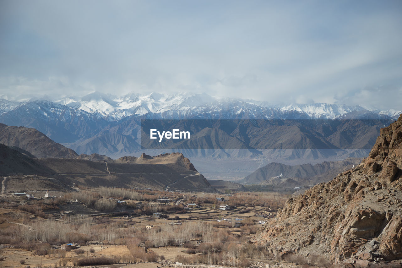 Scenic view of snowcapped mountains against sky