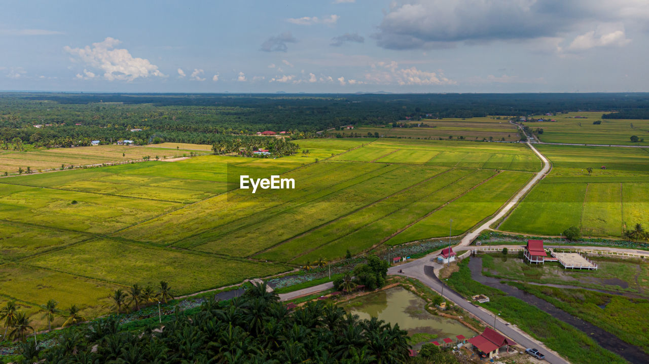 HIGH ANGLE VIEW OF FARMS AGAINST SKY