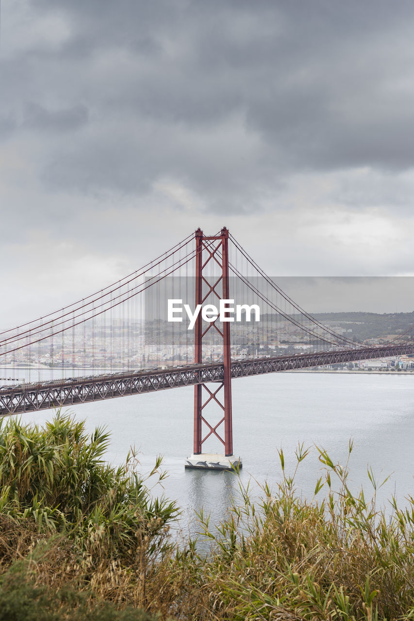 View of suspension bridge against cloudy sky in lisbon