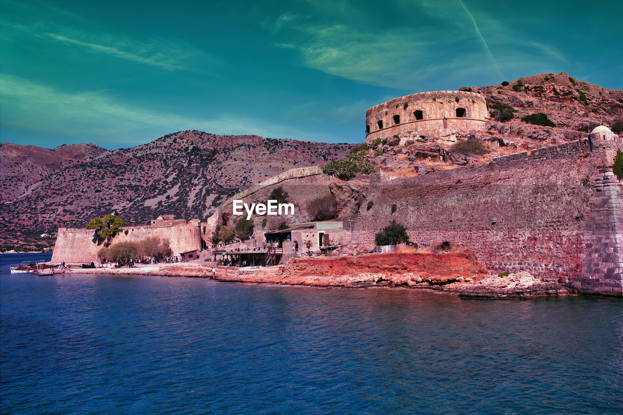 Crete, greece spinalonga island and fortress at plaka, elounda bay with venetian fortress