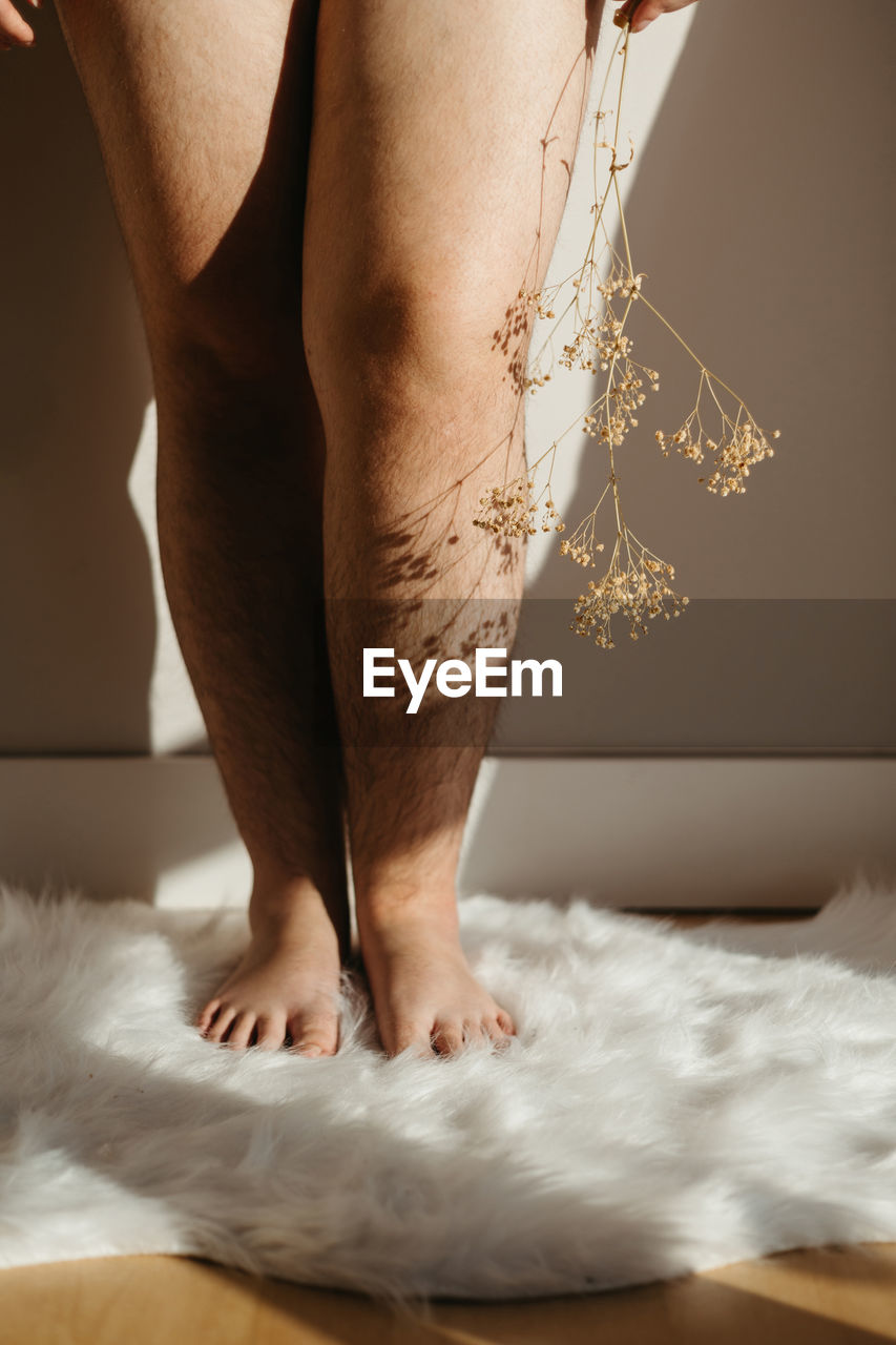 Bare legs of crop anonymous barefoot female with dried twig standing near wall on white rug in light room with sunlight