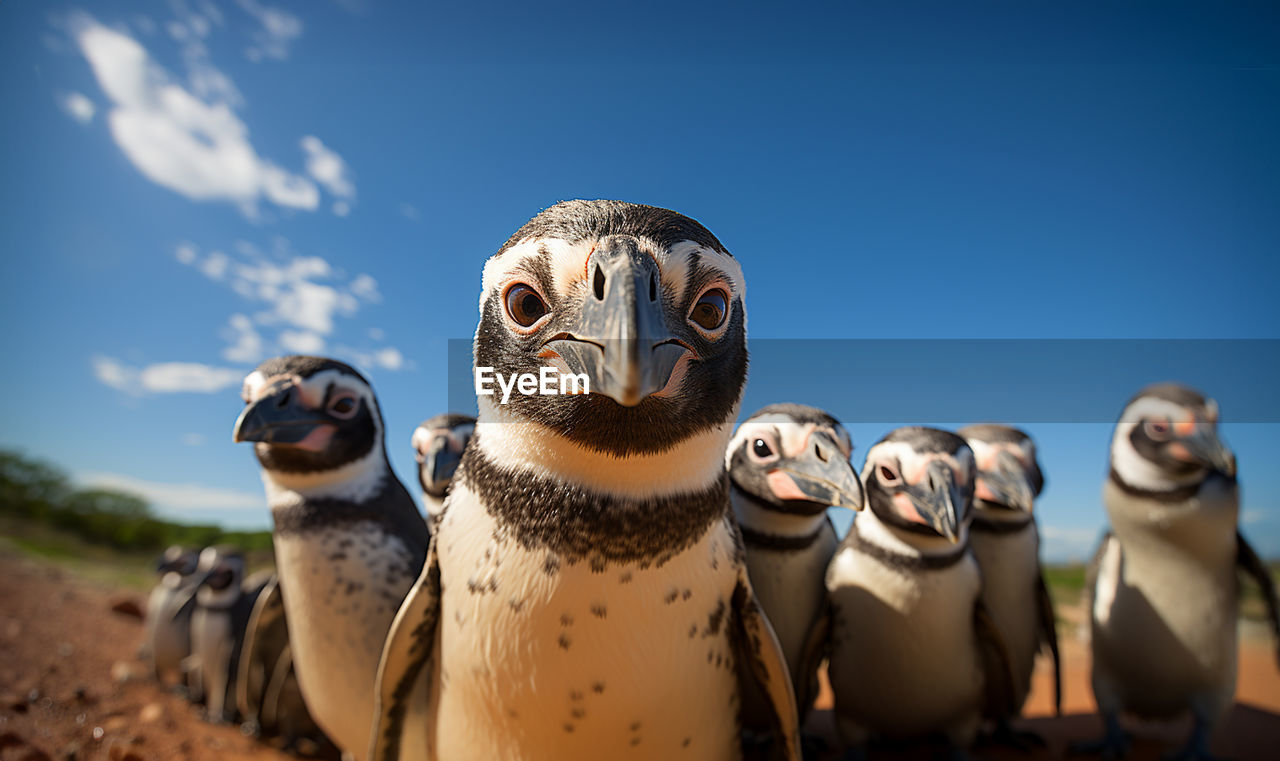 animal themes, animal, bird, sky, animal wildlife, nature, group of animals, no people, mammal, wildlife, penguin, humor, fun, blue, portrait, day, outdoors, looking at camera