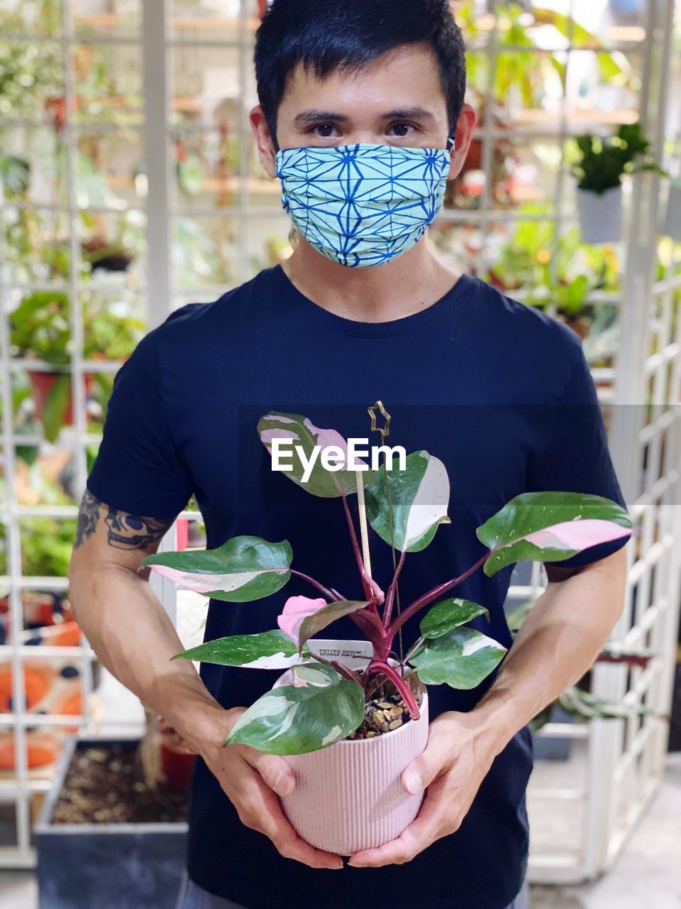 Portrait of man holding plant