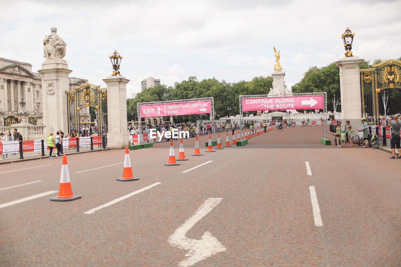 Traffic cones on road at buckingham palace during event