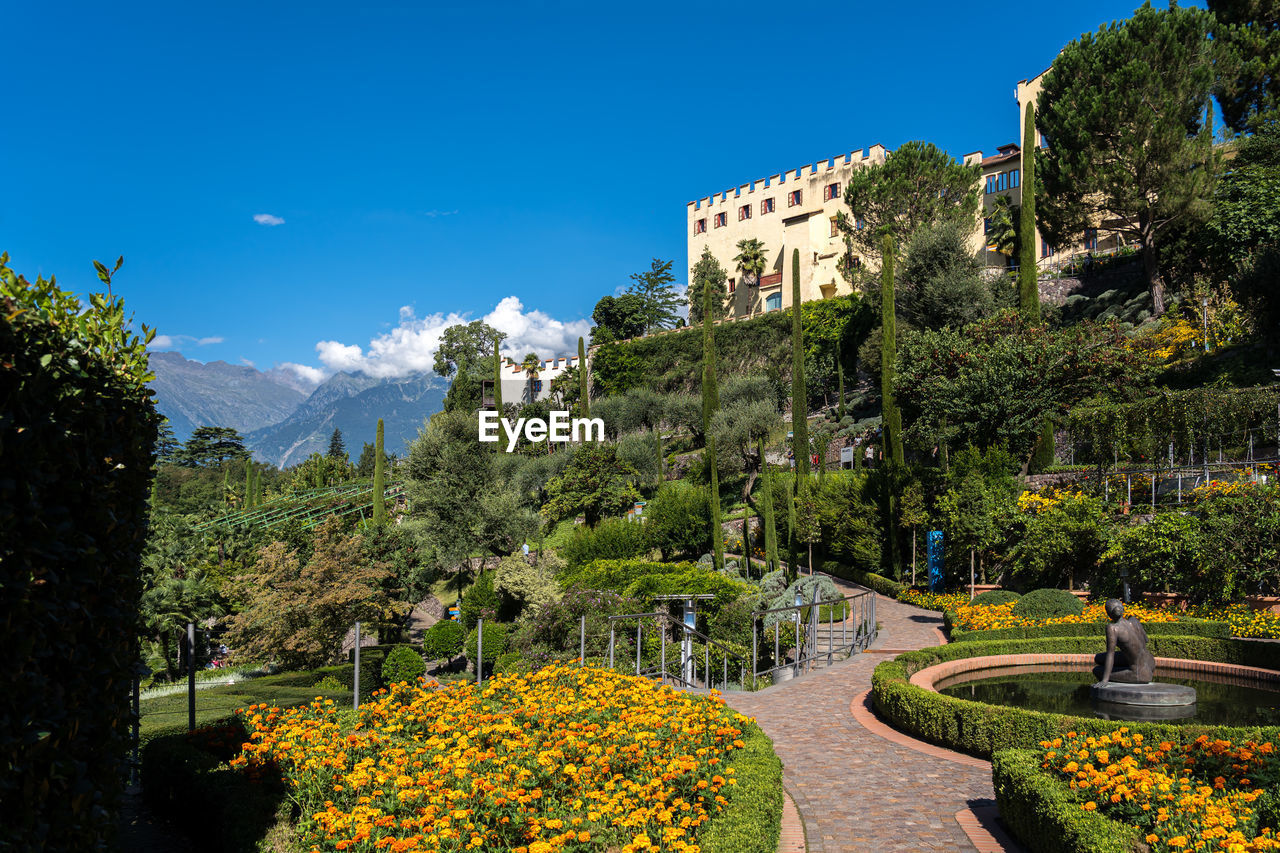 high angle view of trees and buildings against clear sky