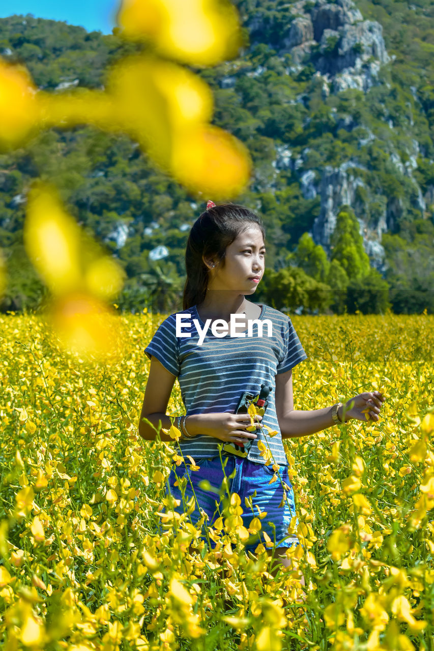 Woman standing amidst yellow flowering plants in sunny day