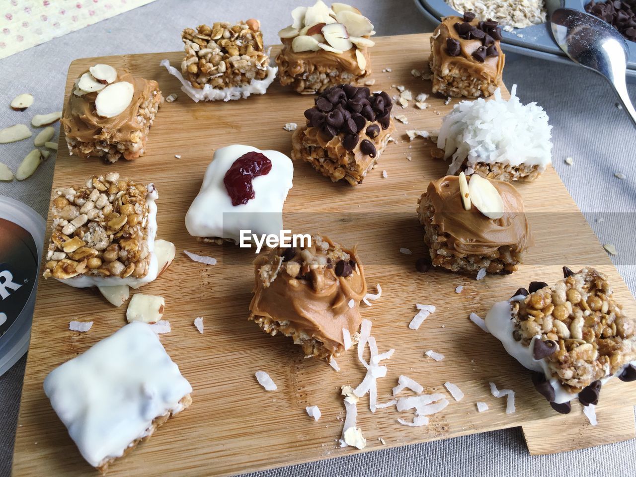 High angle view of desserts on wooden table