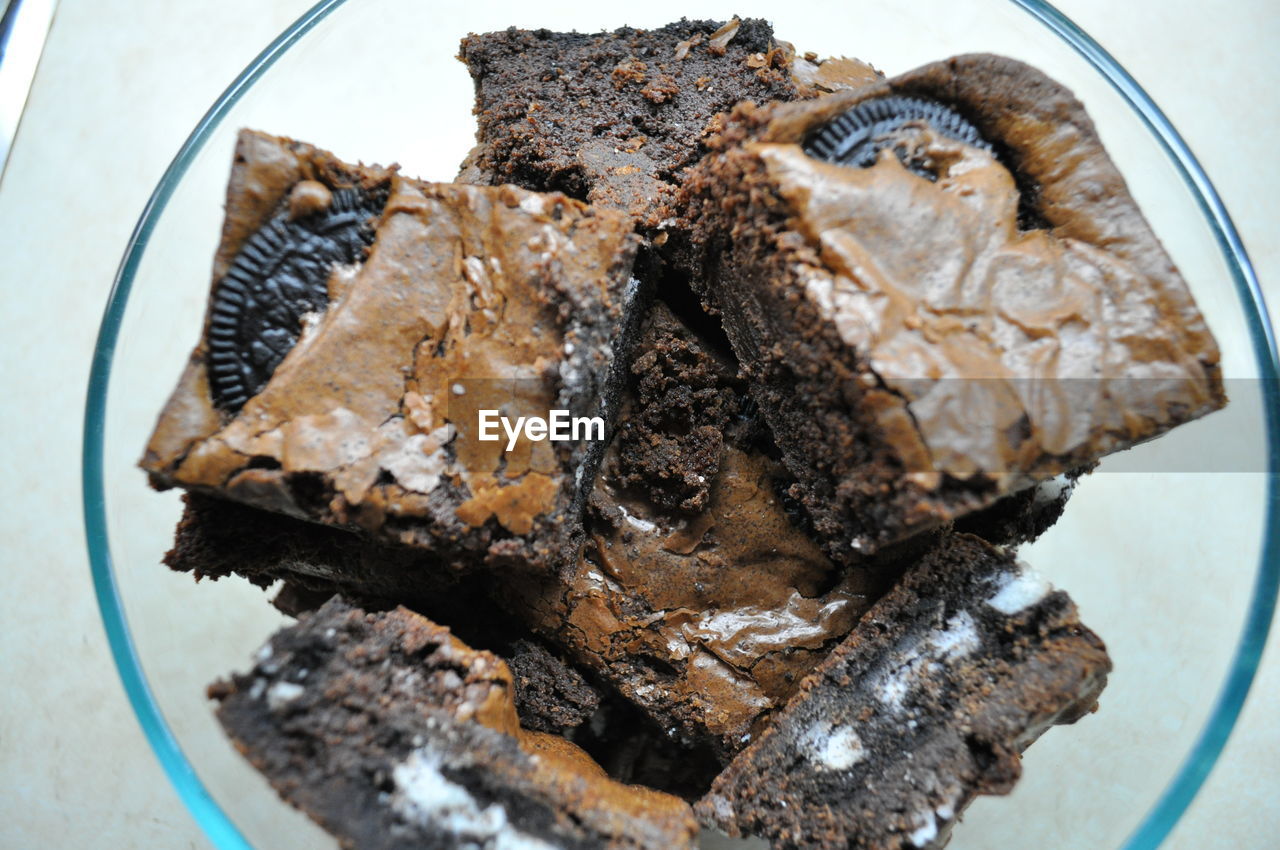 High angle view of chocolate cakes in bowl