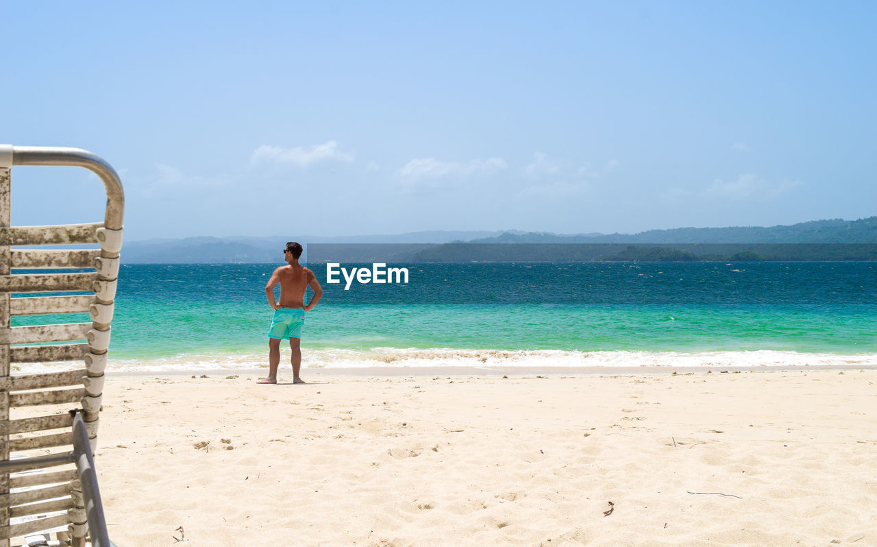 Rear view of shirtless man standing at beach