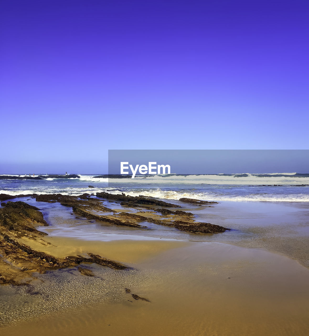 Scenic view of beach against clear blue sky