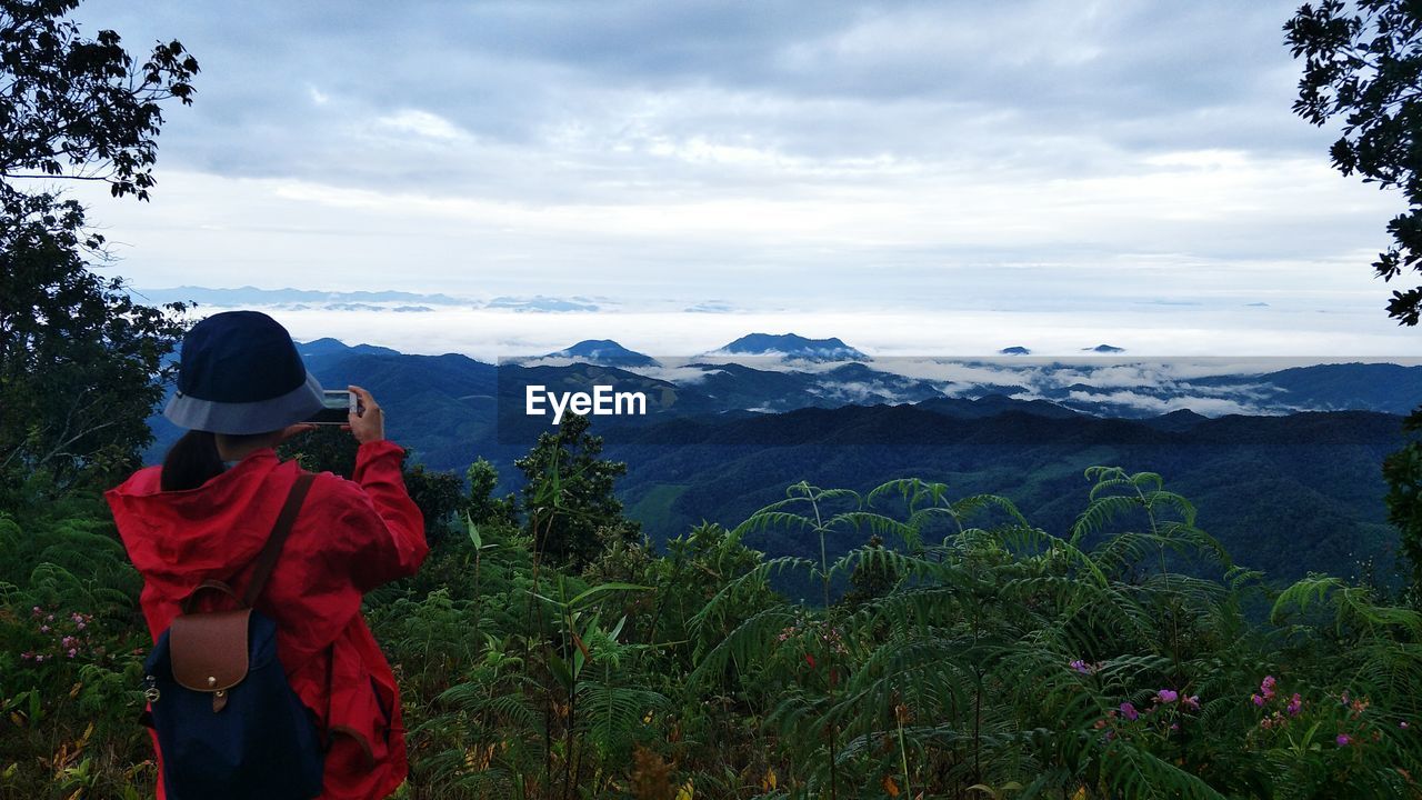 REAR VIEW OF MAN STANDING BY PLANTS AGAINST SKY