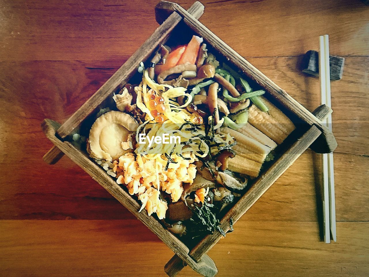 High angle view of japanese food on table