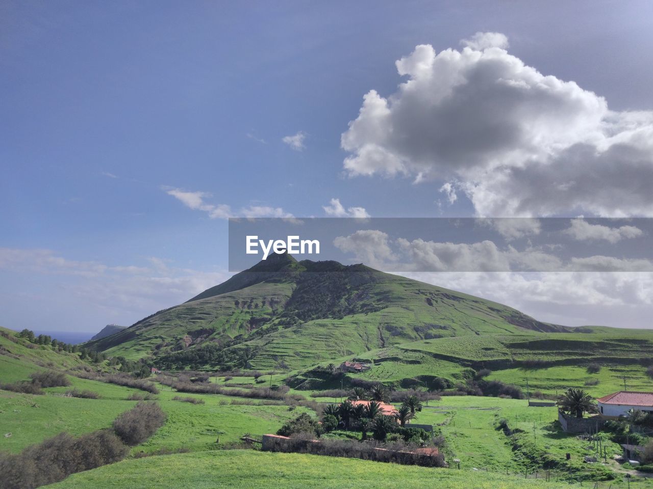 Low angle view of green landscape against sky