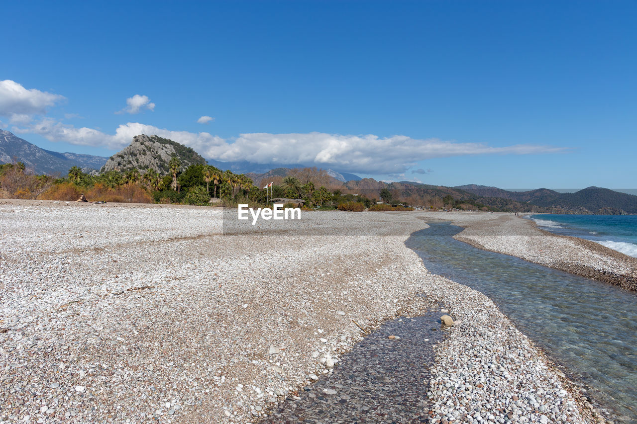 Scenic view of beach against blue sky