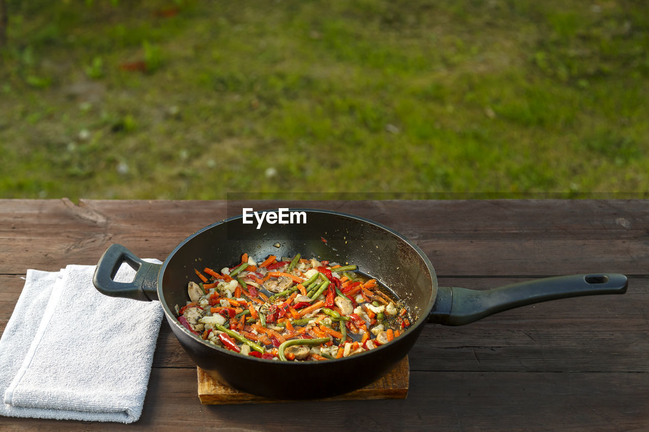 high angle view of food in bowl on table