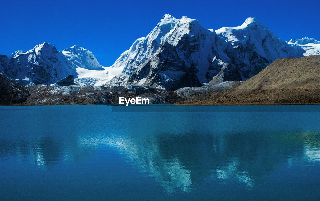 SCENIC VIEW OF LAKE AGAINST SNOWCAPPED MOUNTAIN
