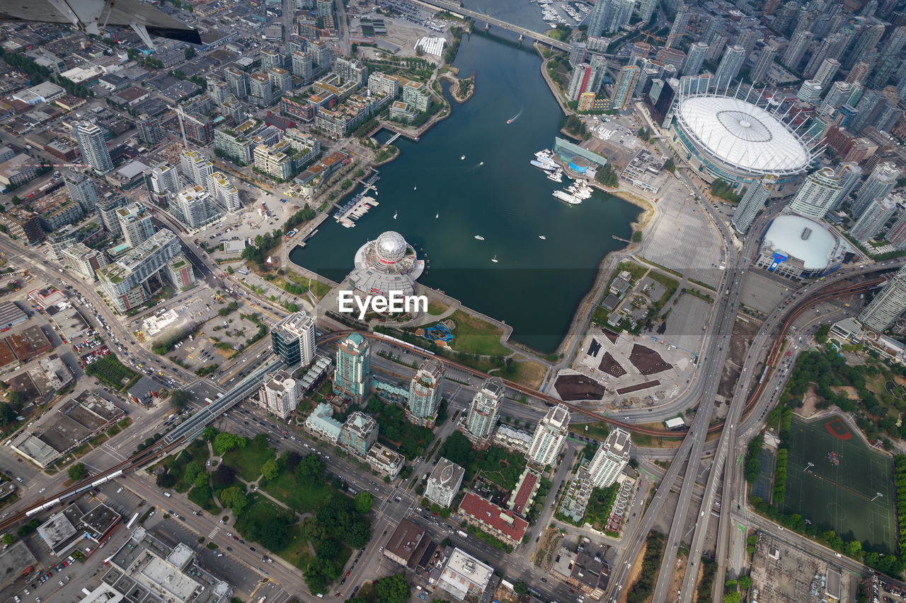 High angle view of buildings in city