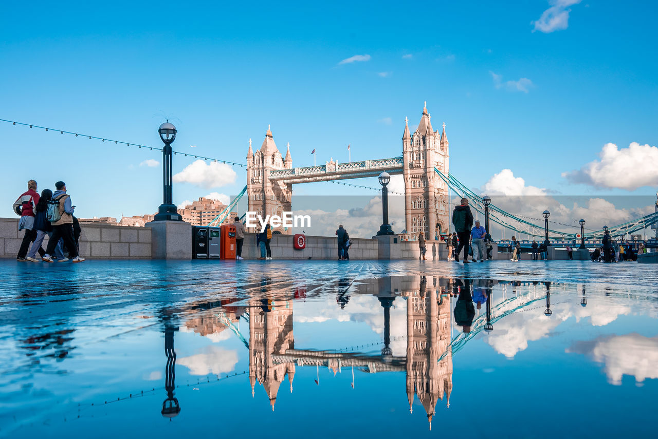 Iconic tower bridge view connecting london with southwark over thames river, uk.