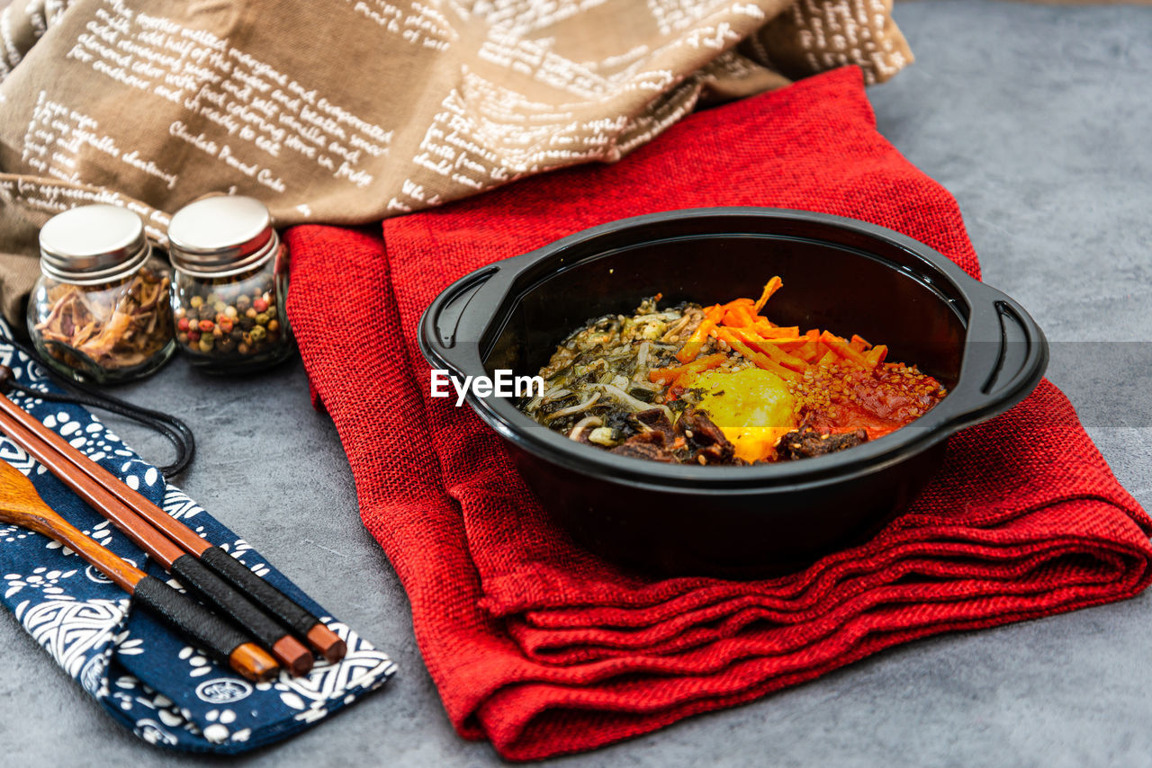 High angle view of food in container on table