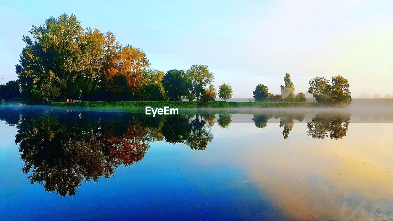 Reflection of trees in lake against sky