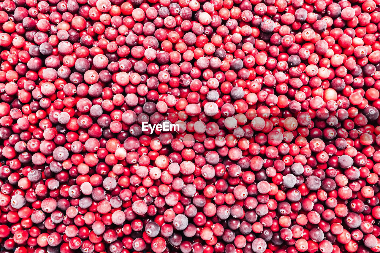 Abstract background made from frozen red cranberries. top view