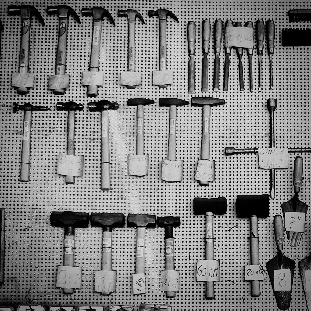 High angle view of various hand tools for sale